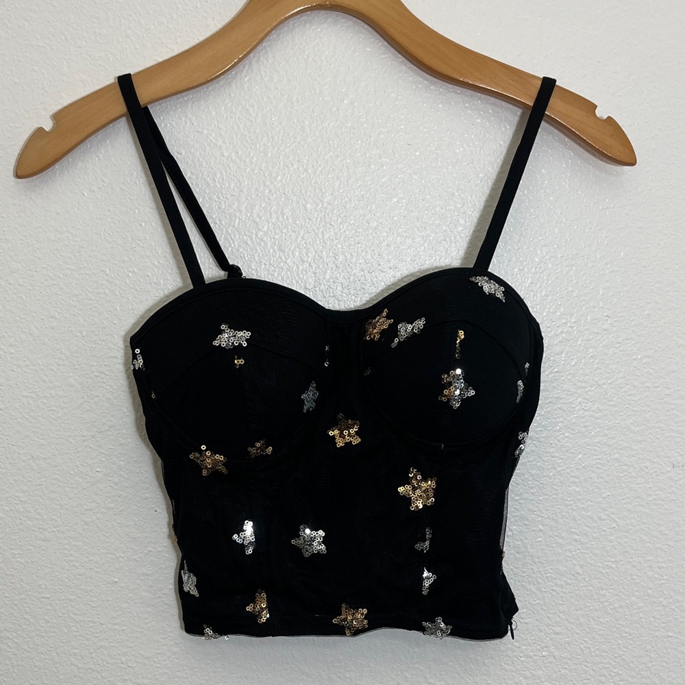 NWT Sequin Embellished Black Bustier Top